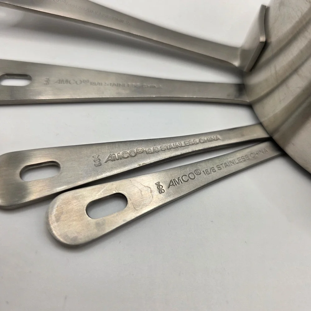 Vtg Amco 18/8 Stainless Steel Measuring Cups & Spoons 8pc Heavy Duty Rustproof